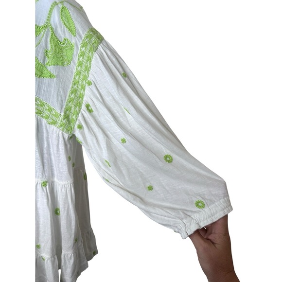Free People White Swing Babydoll Top Embroidered Lime Green Boho Peasant Small S - Picture 4 of 8